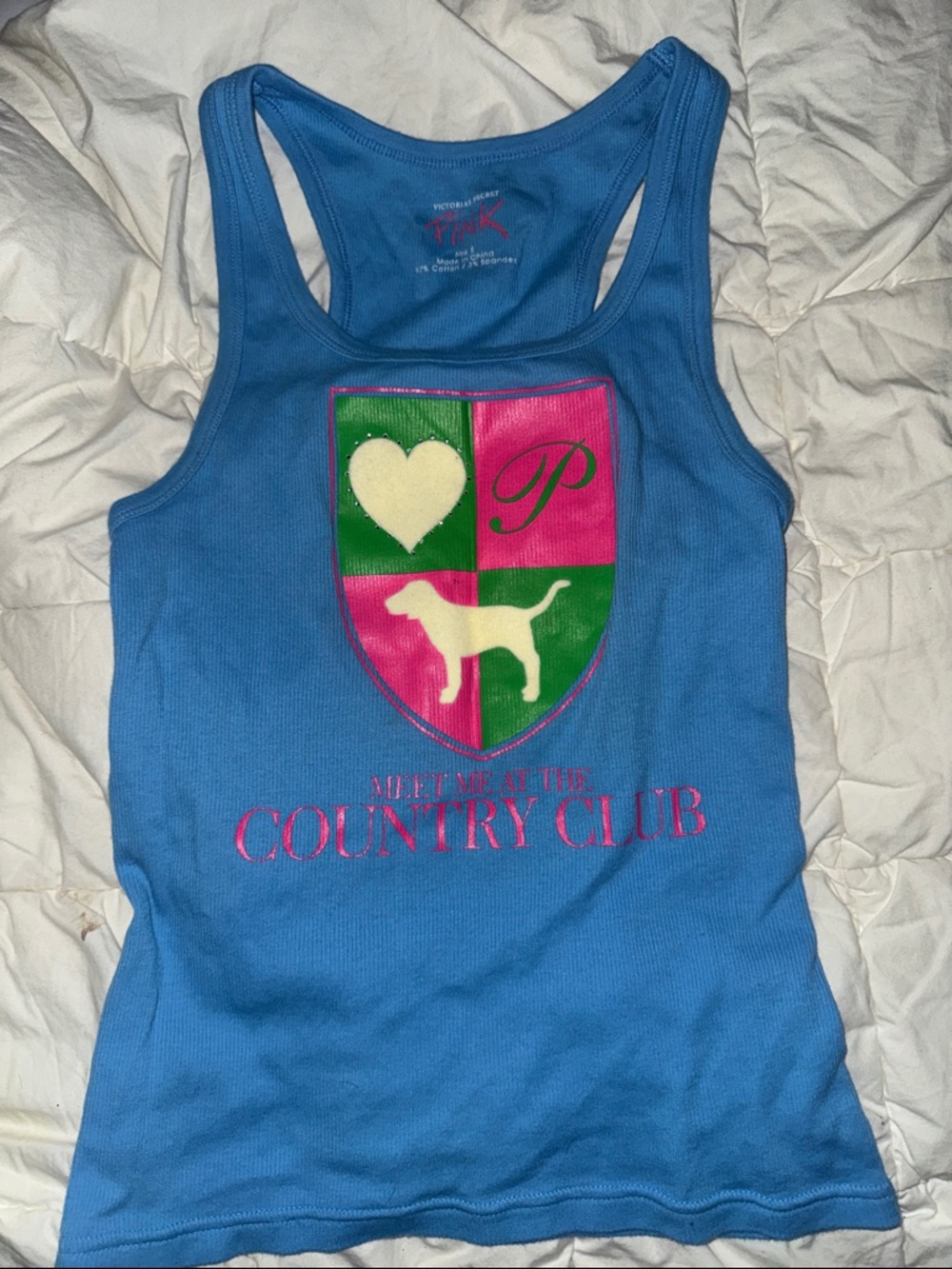 PINK Victoria's Secret Blue Tank Top with Pink & Green Crest